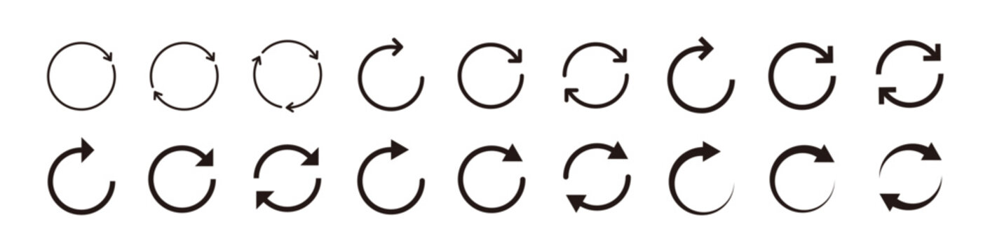 Circular arrow icon set. Refresh, reload and rotation symbols in different styles