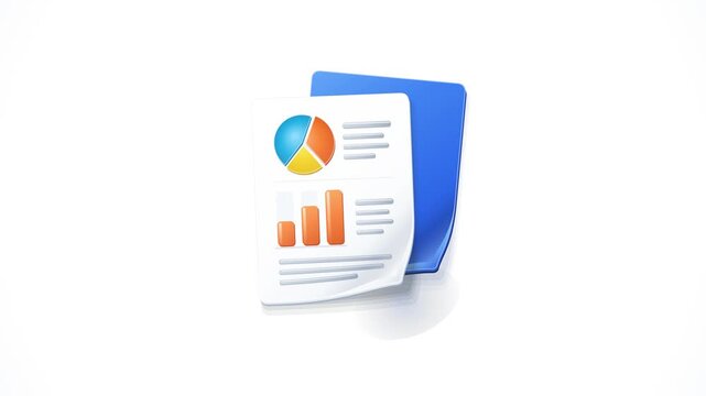 Blue folder holding white paper with colorful pie chart and bar graph on clean background.