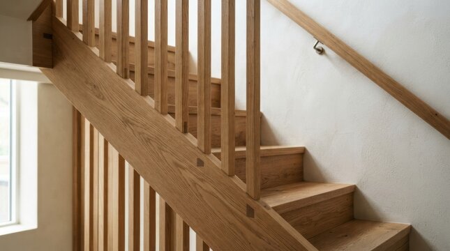 wood staircase japandi interior Wooden staircase with vertical railings and a handrail in a bright interior.