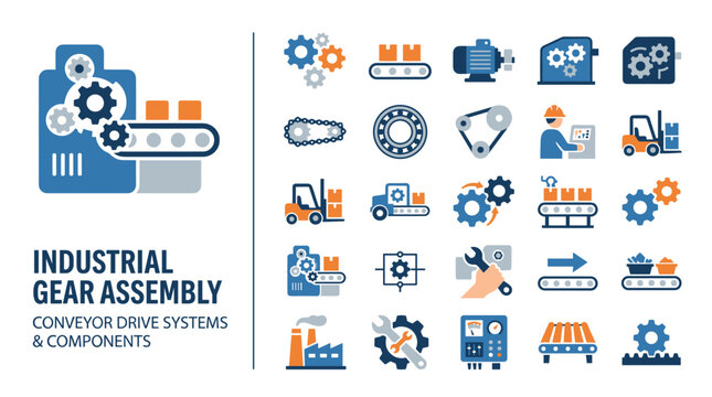 Industrial Gear Assembly with Conveyor Drive System and Component Icons Set