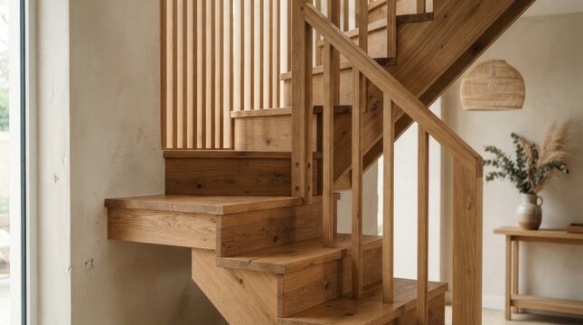 wood staircase japandi interior Wooden staircase with vertical railing in a cozy, minimalist interior space.