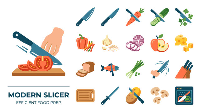 Kitchen Knife Icons Showcasing Efficient Food Preparation Techniques and Slicing Methods