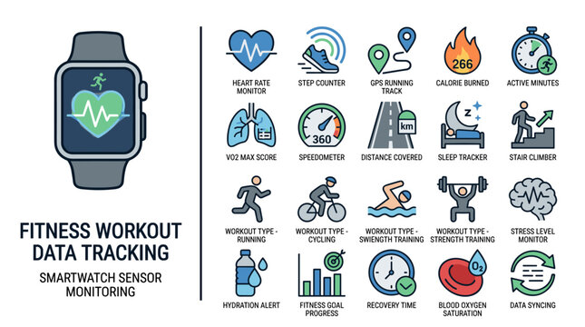 Fitness Workout Tracking Smartwatch Icons with Heart Rate Monitor and Activity Metrics