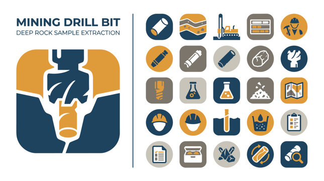 Mining Drill Bit Illustration with Exploration Icon Set for Industrial Design Projects