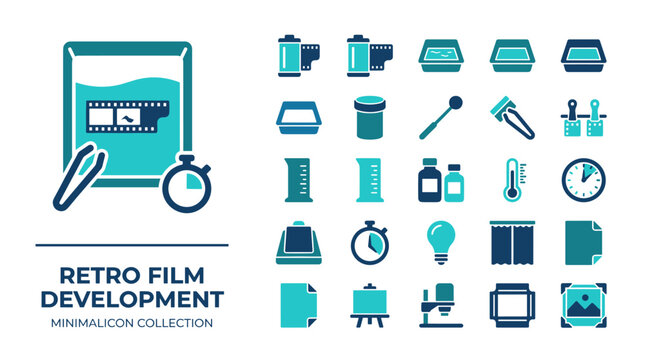 Retro Film Development Photography Minimalicon Collection with Darkroom Equipment Symbols