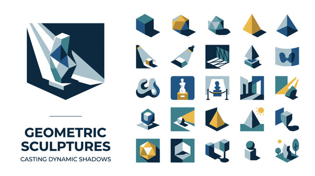 Geometric Sculptures Casting Dynamic Shadows Icon Collection for Modern Design Projects