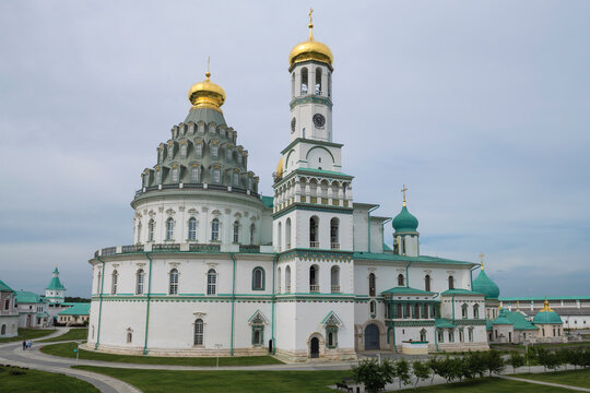 Cathedral of the Resurrection of Christ with a bell tower on a cloudy July day. The New Jerusalem monastery. Istra, Moscow region. Russia