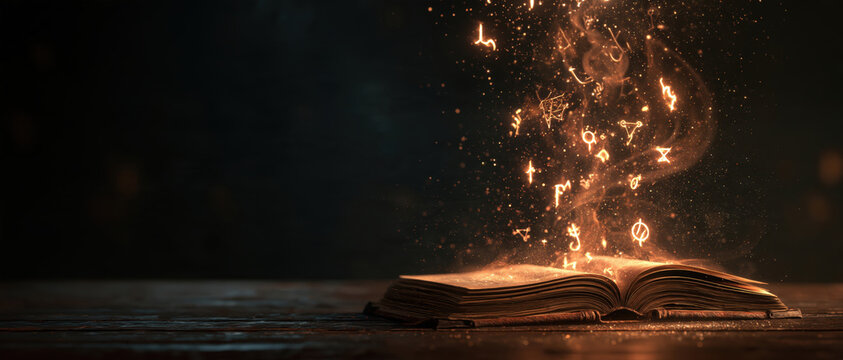 Open book with glowing magical symbols and sparks rising from pages