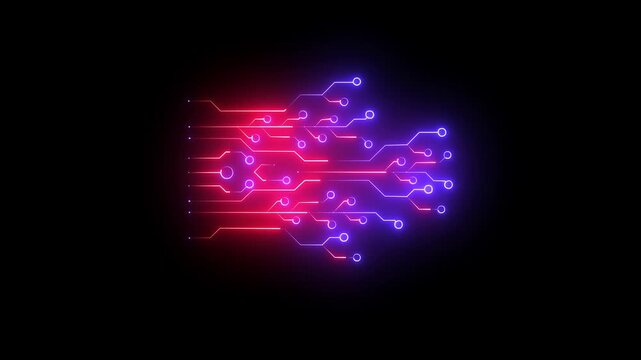 Neon circuit icon and dark background 4k motion video animation.