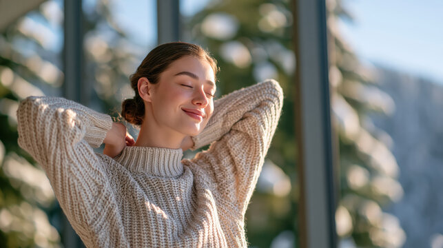 Young woman relaxing with eyes closed and hands behind head indoors