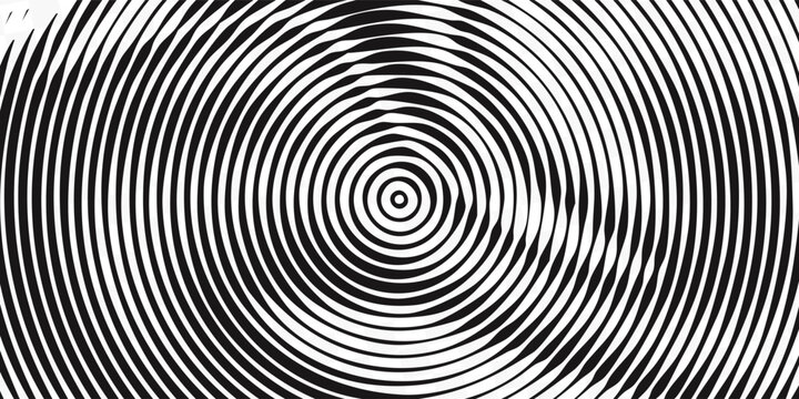 Black concentric circle background. Radial geometric pattern texture. Line epicenter, radar or target concept. Round rippled ring wallpaper for brochure, template, poster, Vector eps10