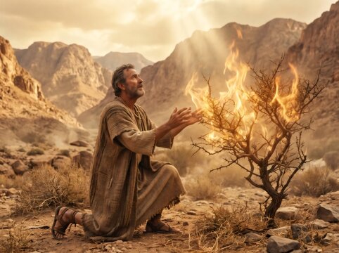 Moses encountering the burning bush in desert