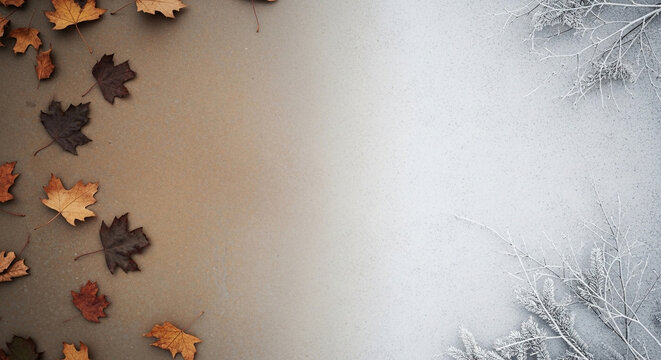 Natural foliage transition shows how colorful autumn leaves gradually fade into a frosty snowy landscape representing the inevitable change from warm golden fall months toward the freezing