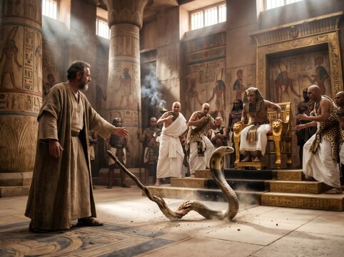 Aaron transforming staff into serpent before Egyptian Pharaoh