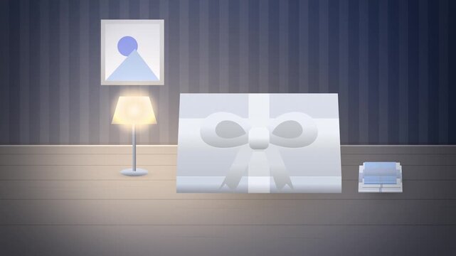 Blue satin bow on gift box angled view endless loop holiday background