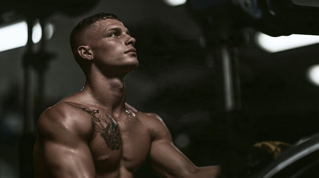 Muscular man with tattoo and sweat looking focused in dim gym lighting