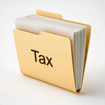 A yellow file folder labeled tax and filled with paper documents