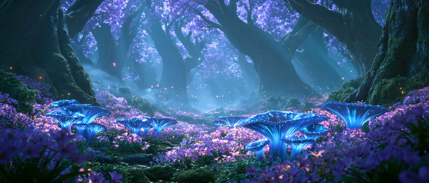 Enchanted forest scene with glowing blue mushrooms and mystical lighting
