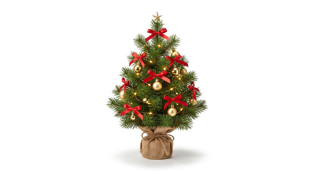 Decorated christmas tree with ornaments and ribbons on burlap sack
