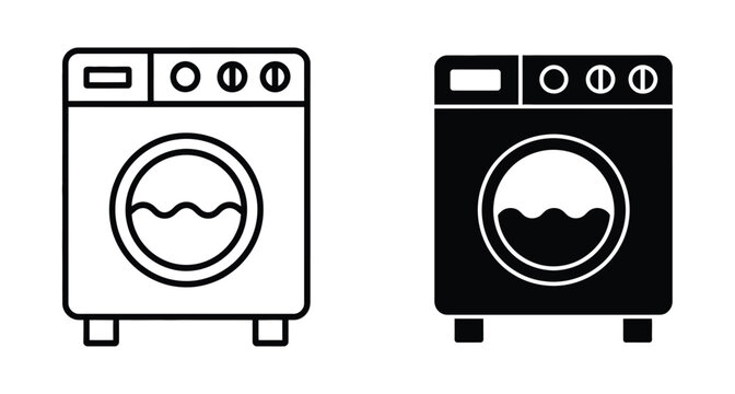Laundry machine icon set, washing machine symbols, garment cleaning, fabric care, domestic appliances, laundry maintenance, household cleaning vector design
