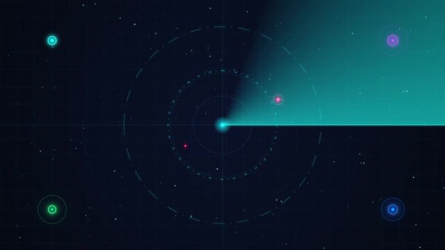 Abstract teal cone beam expands across dark digital grid background.