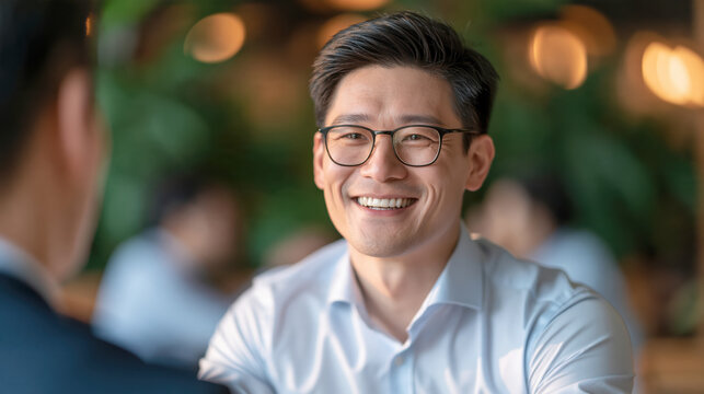 Smiling Asian man with glasses having casual conversation in relaxed setting