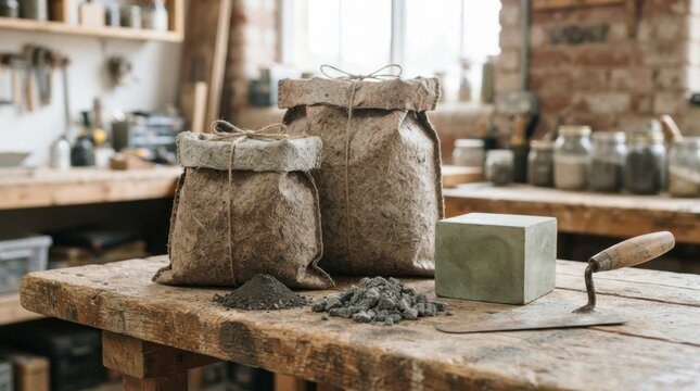 Recycled cement bags, fly ash, slag aggregate, trowel, and green concrete block for low carbon building materials.