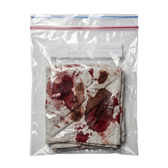 Sealed plastic evidence bag with bloody fabric rag inside © Fongrin