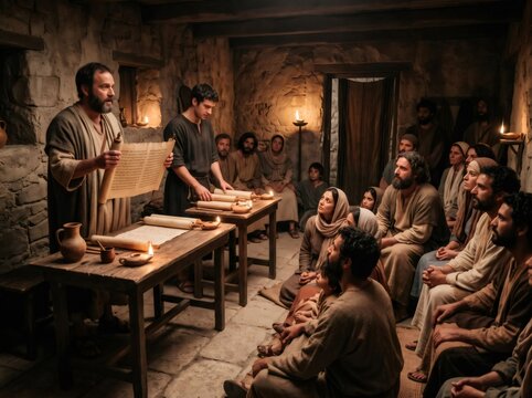 Apostle Paul teaching people ancient scriptures in a community gathering