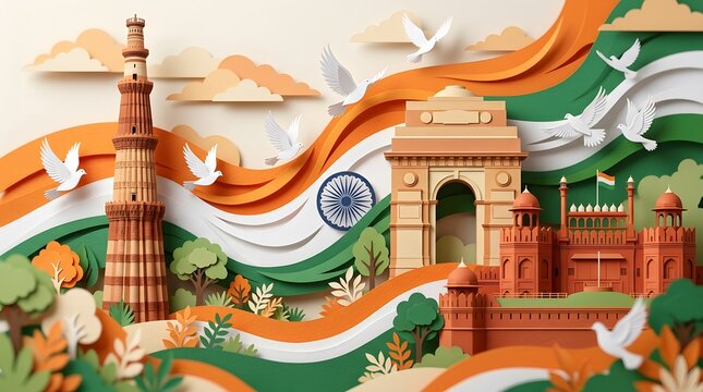 Indian independence day celebration with national flag monuments and soaring doves