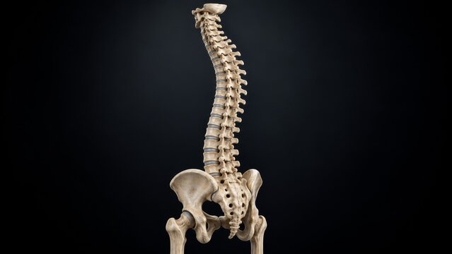 Human spine and pelvis anatomical skeleton model against dark background. Spinal anatomy and back health. Orthopedic medicine, skeletal structure and human biology.
