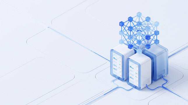 서버 위 분산 네트워크 노드 구조 3D 아이소메트릭 &middot; Isometric 3D Servers with Distributed Network Node Graph