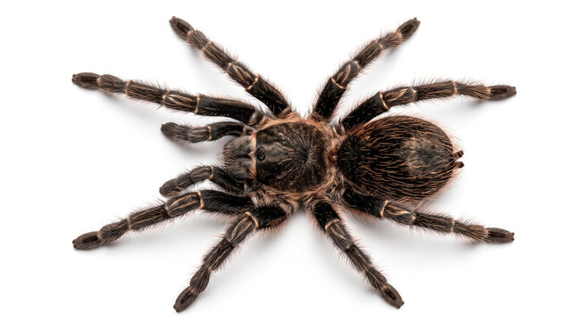 Dark brown tarantula spider close-up dorsal view isolated white