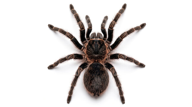 Dark brown tarantula spider close-up dorsal view isolated white