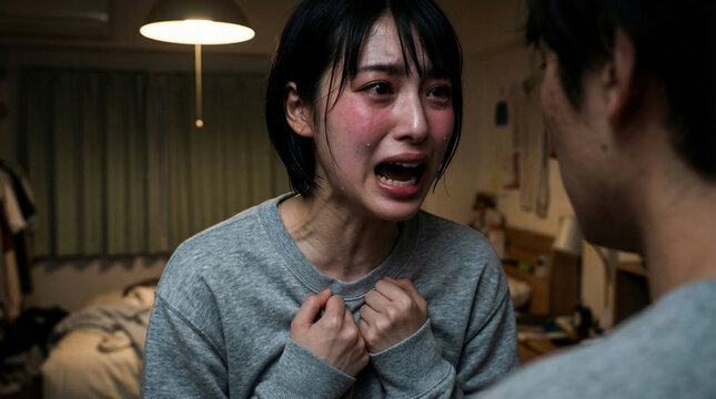 部屋で人物に向かって激しく泣き叫ぶスウェット姿の若い女性