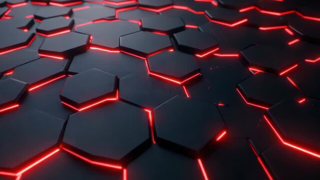Glowing red neon hexagon pattern background with dark 3d geometric