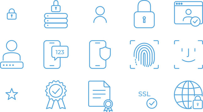 Online security line icon collection lock, server, user profile, browser verification, mobile OTP, face recognition, award badge, SSL secure website, vector