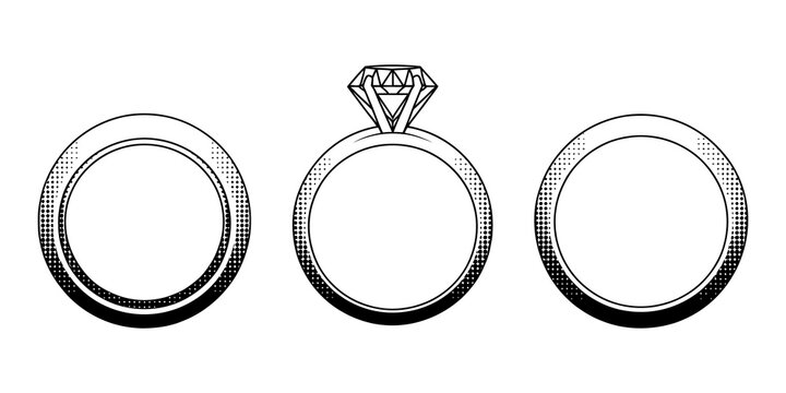 Black and white diamond ring and empty round container icons