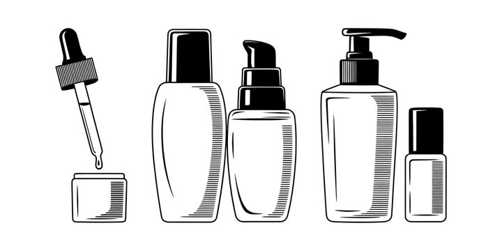 Set of beauty cosmetic bottles and skincare serum dropper in black and white icon