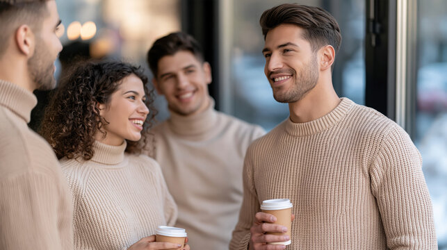 Young adults in beige sweater talking and smiling while holding coffee cup