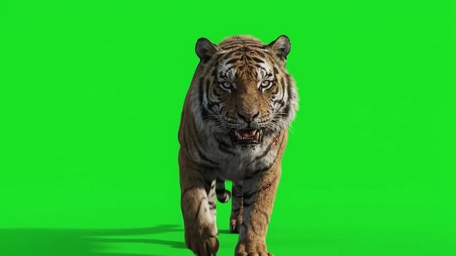 Gruesome Zombie Tiger, with tattered orange and black fur and piercing spectral eyes, slowly limping forward on a vivid chroma-key screen