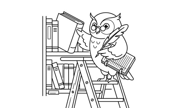 Wise owl scholar on ladder with books line art.