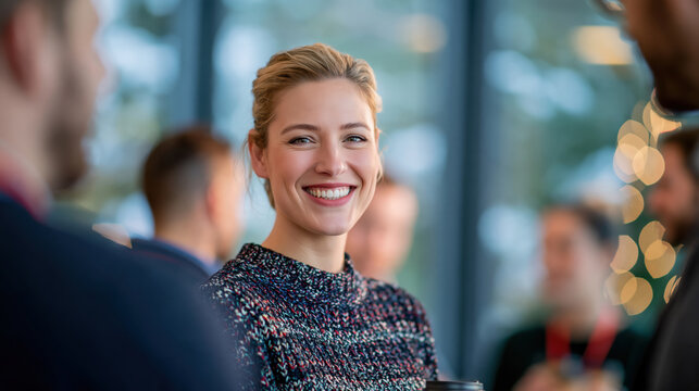 Smiling blonde woman wearing sweater enjoying conversation in social setting