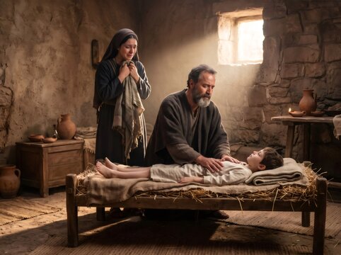 Prophet Elisha praying over a dying child in an ancient room