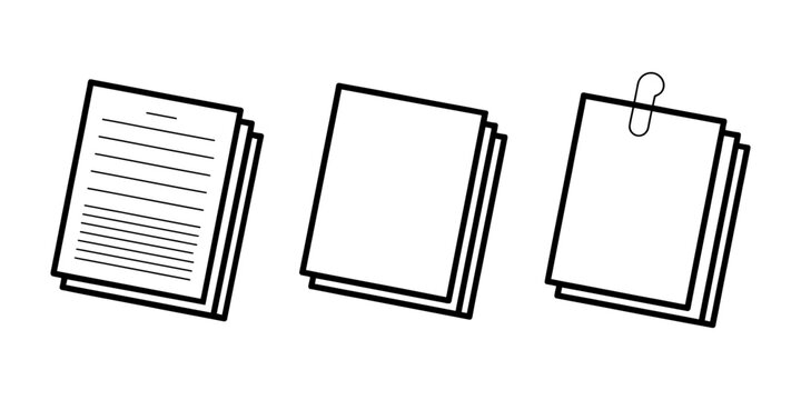 Set of simple paper document icons with notes and a paperclip