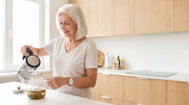 Senior woman making herbal tea in her kitchen wearing a smartwatch