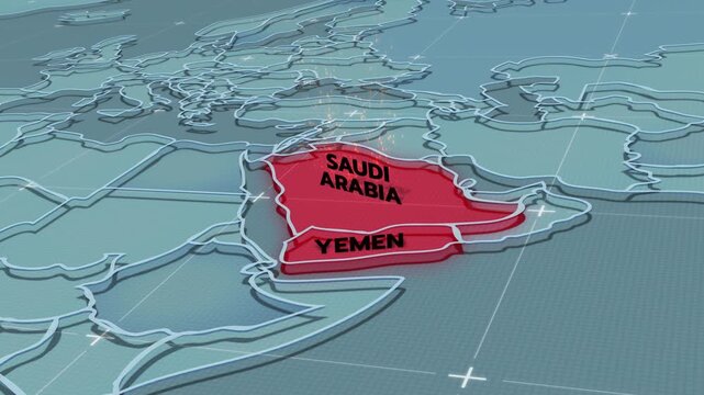 a stylized 3D map highlighting Yemen and Saudi Arabia, Middle East, saudi arabia yemen war,
