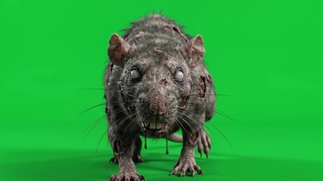 Macabre Zombie Rat, its tattered grey fur and exposed putrid flesh slowly prowling forward with spectral white orbs and gnashing fangs on a brilliant