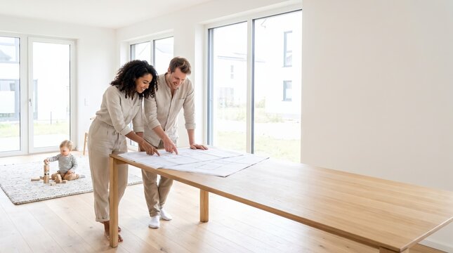 Parents reviewing house plans at the dining table while their toddler plays