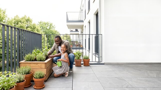 Father and child planting herbs on a modern city balcony